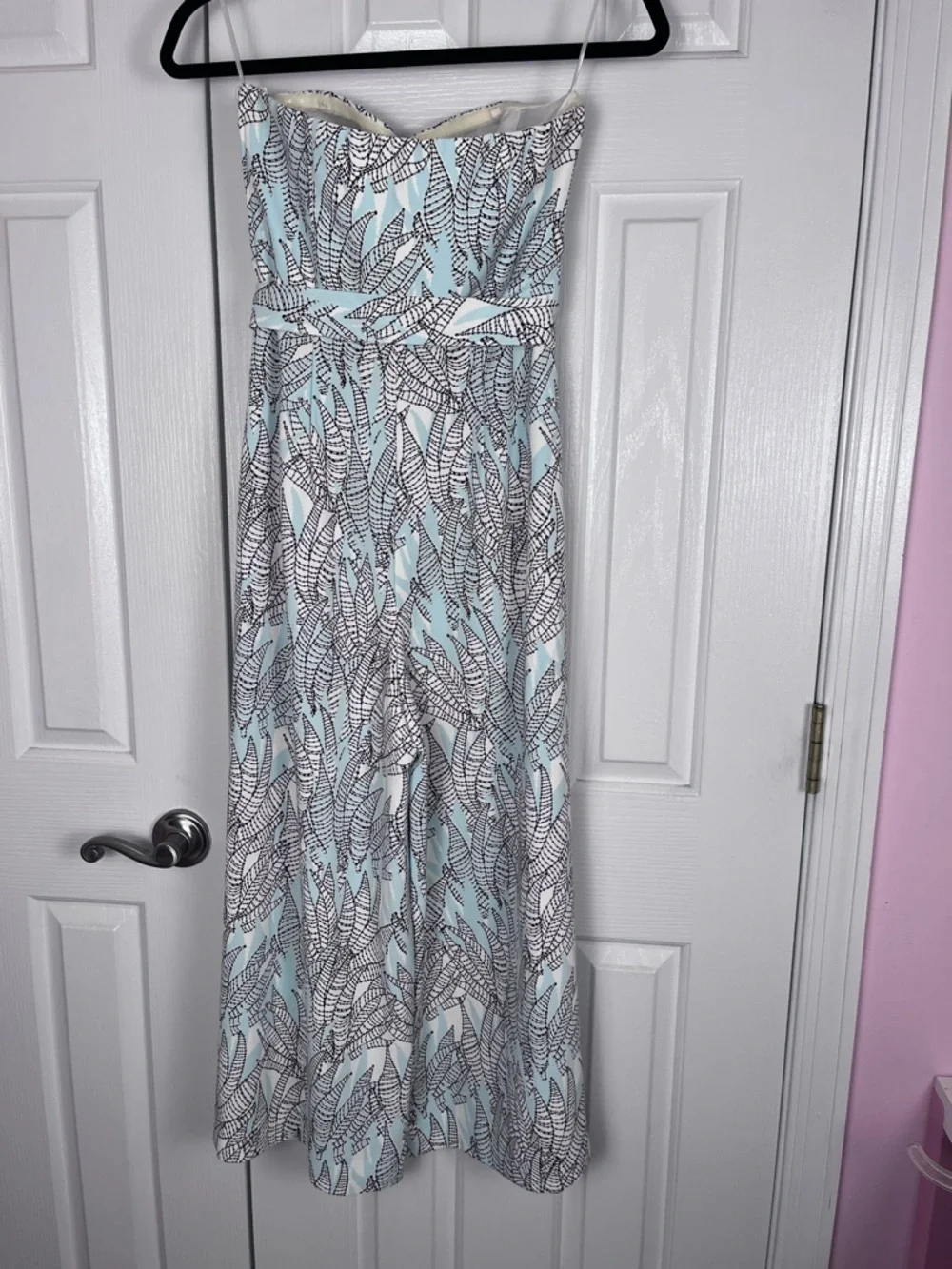 H&M Bandeau Belted Jumpsuit Size 4  Wide Leg Crop Spring Light Blue Leaf Print - Picture 8 of 14